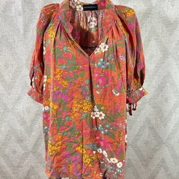 Cynthia Rowley Puff Slv Tie Floral  Pink Orange Multicolored Sz. XL Blouse Top - Picture 1 of 12